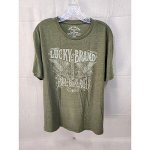 Lucky Brand Mens Rock & Roll Eagle Graphic T-Shirt Olive Green Large Distressed
